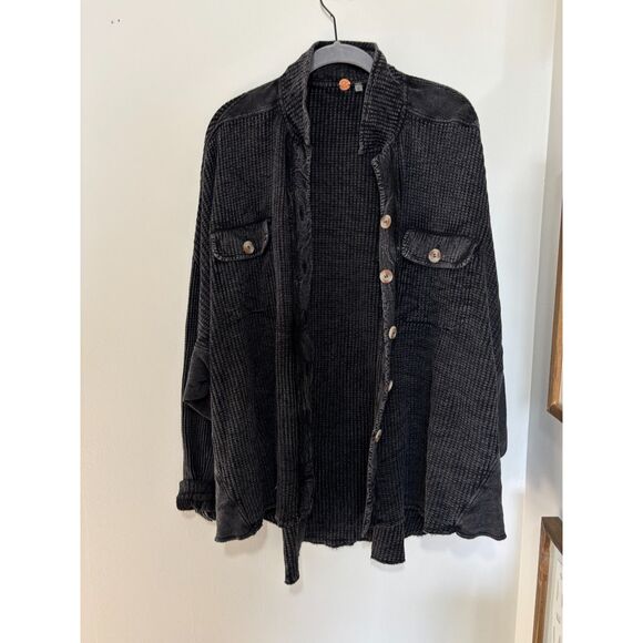 Free People FP One Black Waffle Knit Utility Jacket Oversized Dark Academia M - Picture 2 of 5